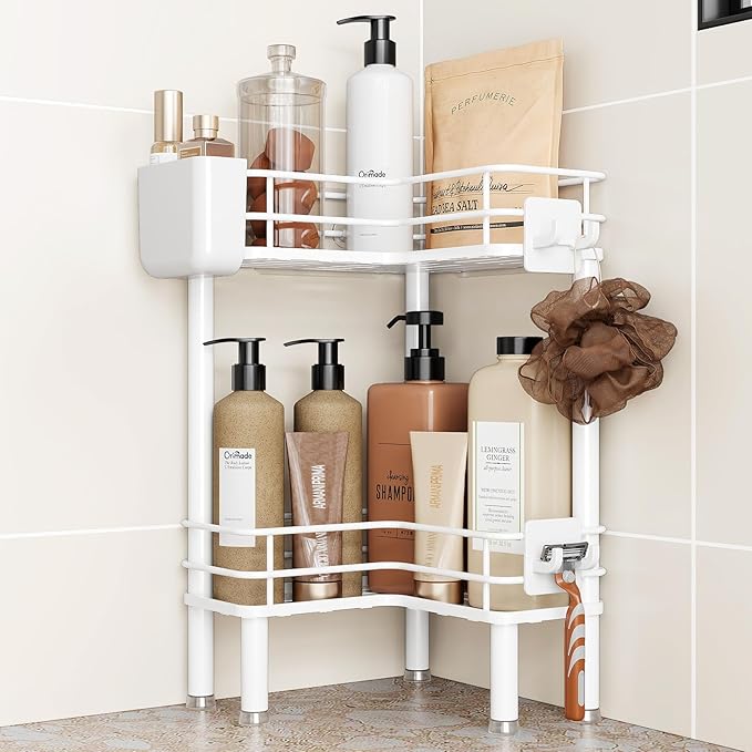 Orimade Rustproof 2 Tier Floor Standing Corner Shower Caddy Organizer with Toothbrush Holder, Large Spacing Floor Shower Shelf Rack Storage Stands with Hooks for Bathroom Kitchen, White