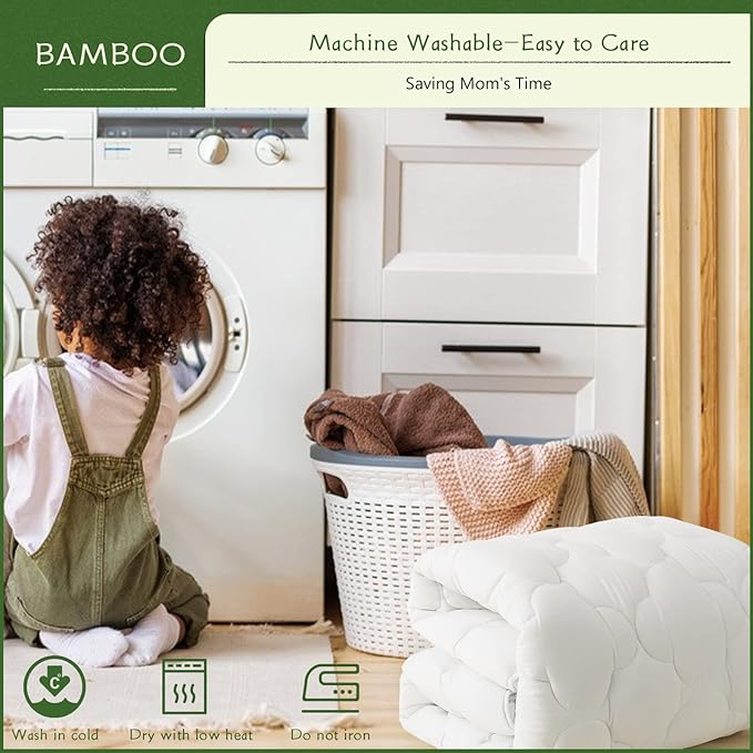 GRT Mattress Pad Cover Rayon from Bamboo Queen Size, Extra Thick Quilted Fitted Mattress Topper with 21 Inches Deep Pocket, Cooling Breathable and Noiseless Mattress Cover