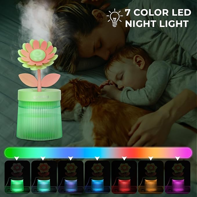 Cute Flower Mini Humidifier, 260ml Sunflower Desktop Humidifiers for Bedroom, Portable Small Cool Mist Humidification for Home, Baby Nursery, Office & Indoor Plants, USB Powered (Green)