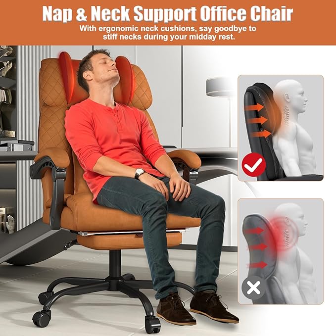 Ergonomic Office Chair with Footrest, 400lbs High Back Executive Home Office Computer Chair with Unique Ear-Shape Headrest for Neck Support,Brown Leather Office Chairs for Home Office Work