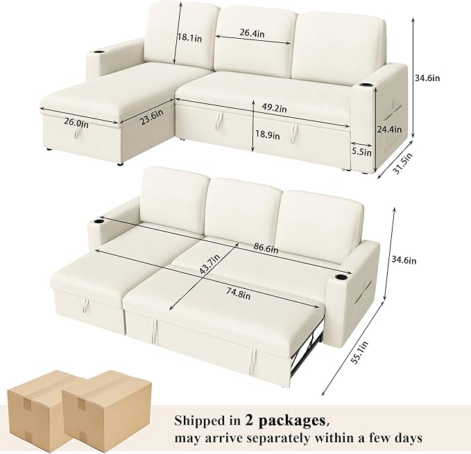 Keyluv 87" Pull Out Sleeper Sofa Bed with Storage Chaise, Reversible 2 in 1 Sectional Sofa Bed with Charging Station and Cup Holder, L-Shaped Sofa Couch for Living Room, Velvet Beige