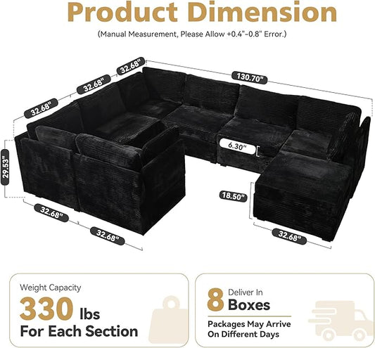 Large 8 Seat Modular Sectional Sofa with Ottoman Seat Corduroy Sleeper Sectional Sofa Bed Oversized Convertible Modular Couch for Living Room