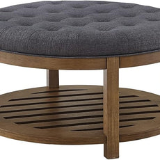 24KF Large Round Upholstered Tufted Linen Ottoman Coffee Table, Large Footrest Ottoman with Wood Shelf Storage-Charcoal