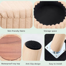 Wimarsbon Storage Ottoman,Soft Faux Fur Footstool with Padded Seat, Small Reading Vanity Chair, Footrest with Wood Tray for Couch, Mini Coffee Table or Display Stand (Beige, Round Storage)