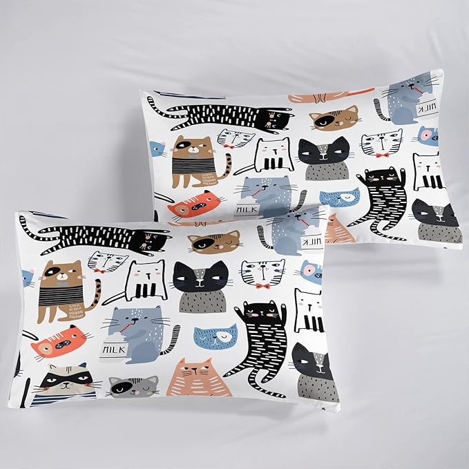 CVHOUSE Cat Bedding,Cartoon Cat Comforter Full,Animals Print Comforter Set for Kids,Kawaii Quilt Set with 1 Comforter and 2 Pillow Cases