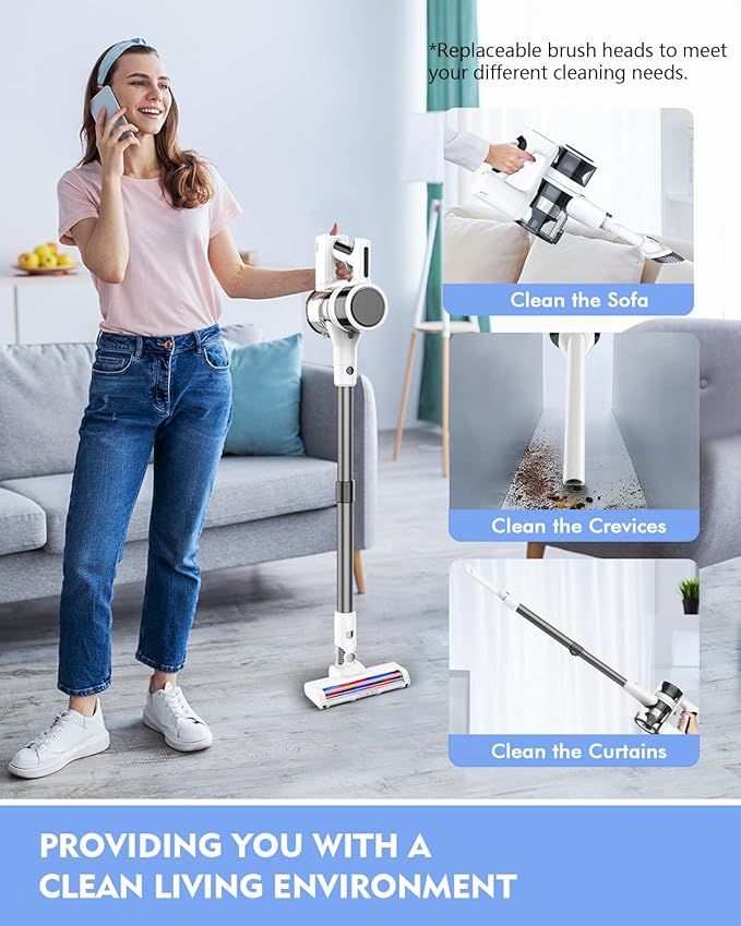 Cordless Vacuums, 80,000PRM Powerful Motor Vacuum Cleaner and 2200mAH Rechargeable Battery up to 35 Mins Worktime, 2 Adjustable Modes, Detachable Parts, Wireless Stick Vacuum (Tea White)