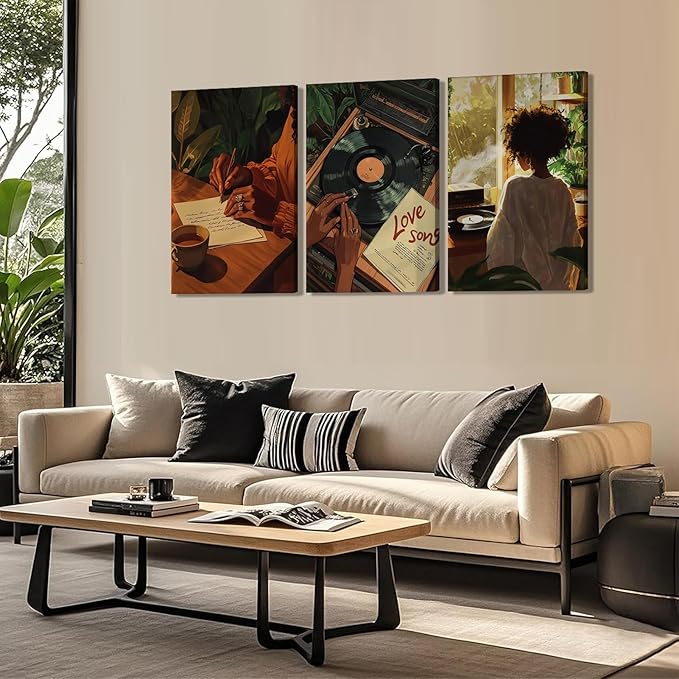 XLYFVLGF 3Pcs Black Women Canvas Wall Art African American Pictures Wall Decor Black Girl Painting Fashion Abstract Prints for Bedroom Bathroom Living Room Home Decoration 12x16in