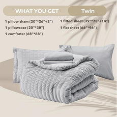 HYMOKEGE Light Grey Twin Comforter Set Seersucker 5 Pieces, All Season Luxury Bed in a Bag for Bedroom, Bedding Set with Comforters, Sheets, Pillowcase & Sham