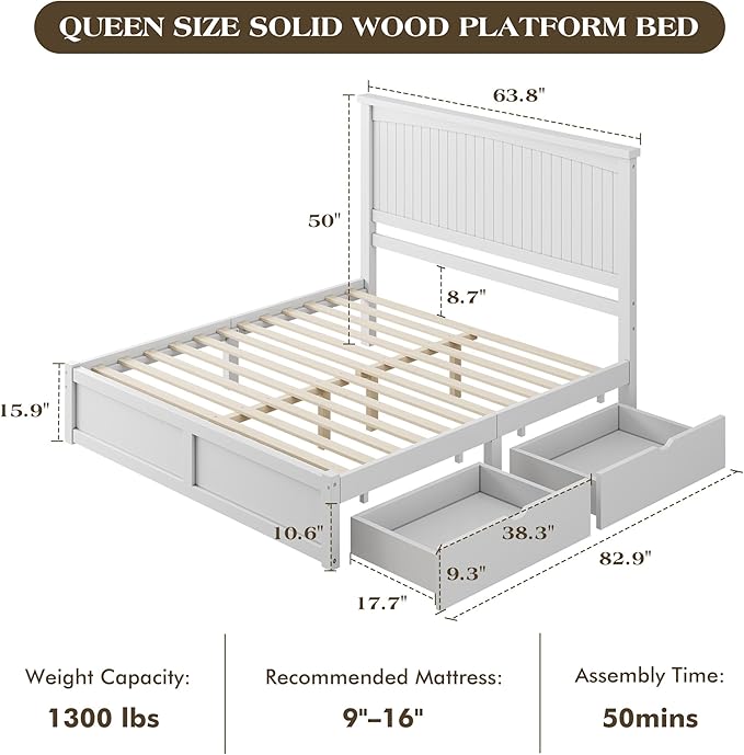 Queen Size Solid Wood Bed Frame with Storage, Mid-Century Modern Platform Bed with 50" Headboard & 2 Drawers, No Box Spring Needed/Quiet Support/Easy Assembly/Soft White Finish