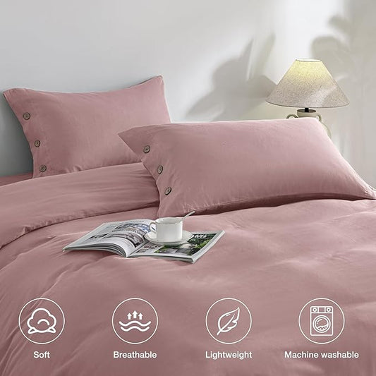 JELLYMONI Pillowcases King Set of 2 Cotton Button Pillow Covers 20×36in Pink Bed Pillow Cases 100% Washed Cotton Soft Breathable (Pillows are not Included)
