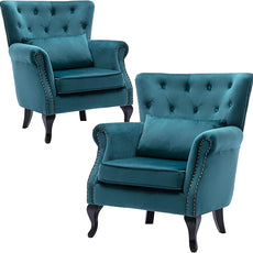 Mid-Century Modern Accent ChairSet of 2 Velvet Armchair w/Tufted Back/Wood Legs, Upholstered Side Lounge Arm Chair Single Sofa for Living Room Bedroom, Teal