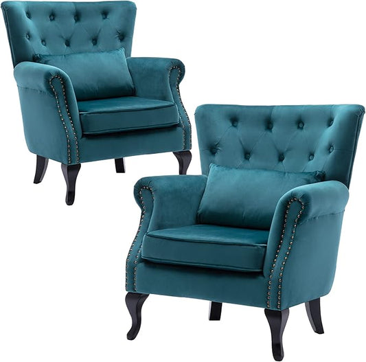 Mid-Century Modern Accent ChairSet of 2 Velvet Armchair w/Tufted Back/Wood Legs, Upholstered Side Lounge Arm Chair Single Sofa for Living Room Bedroom, Teal