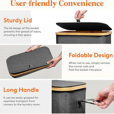 Lifewit 50L Slim Laundry Hamper with Lid, Narrow Laundry Basket with Removable Bag & Bamboo Handles, Fodable Thin Dirty Clothes Hamper for Laundry Collapsible Bin for Bathroom Bedroom Dorm, Dark Gray