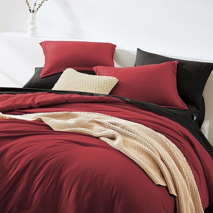 WRENSONGE Full Size Comforter Sets, 7 Pieces Bright Red Bed in a Bag with Fitted Sheet, Flat Sheet, 2 Pillow Shams, 2 Pillowcases, Warm Bedding Sets for All Season