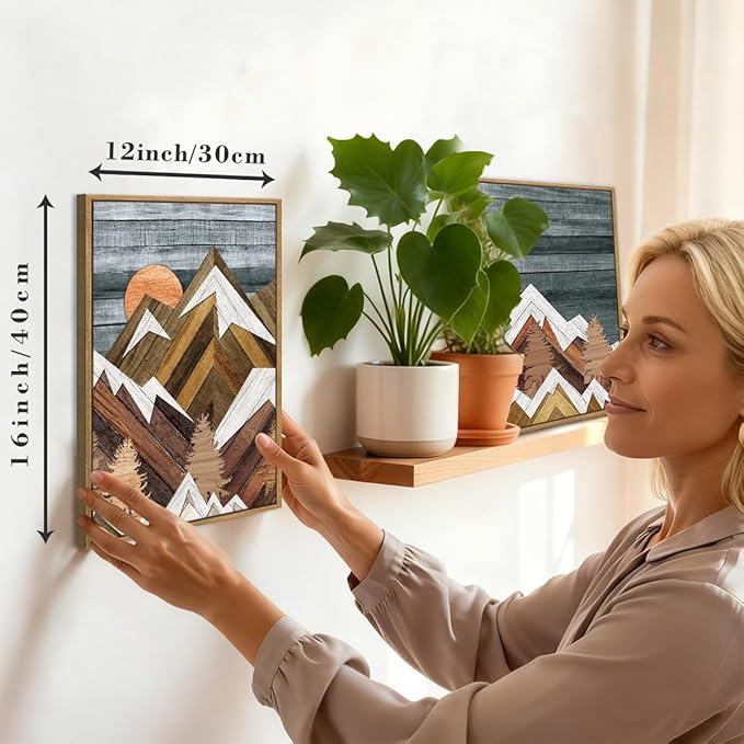 Framed Mountain Wall Art Boho Mountain Wall Decor Modern Nature Artwork 12" Lx16 W Set of 3 for Living Room Bedroom Office
