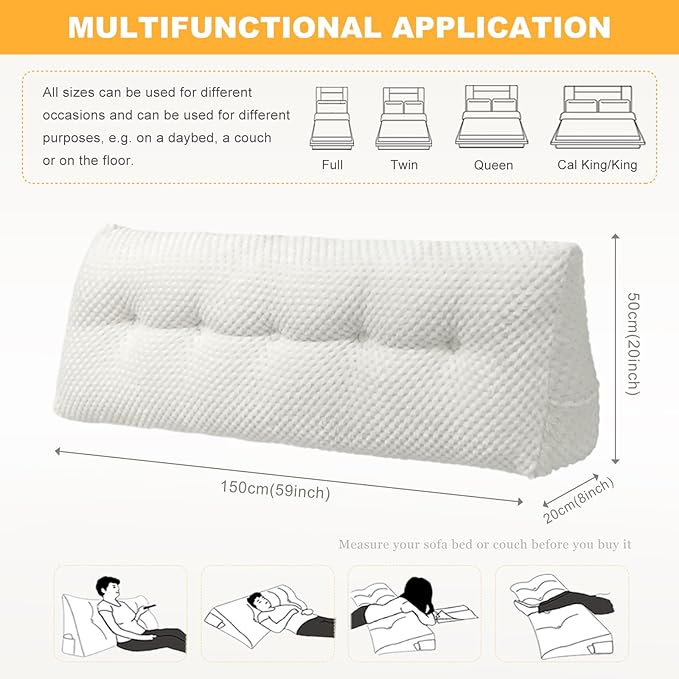 Large Triangular Headboard Wedge Pillow Soft and Supportive Headboard Backrest Positioning Support Bolster Cushion, Bed Wedge Pillow with Removable Cover(White,Queen,59x8x20inch)