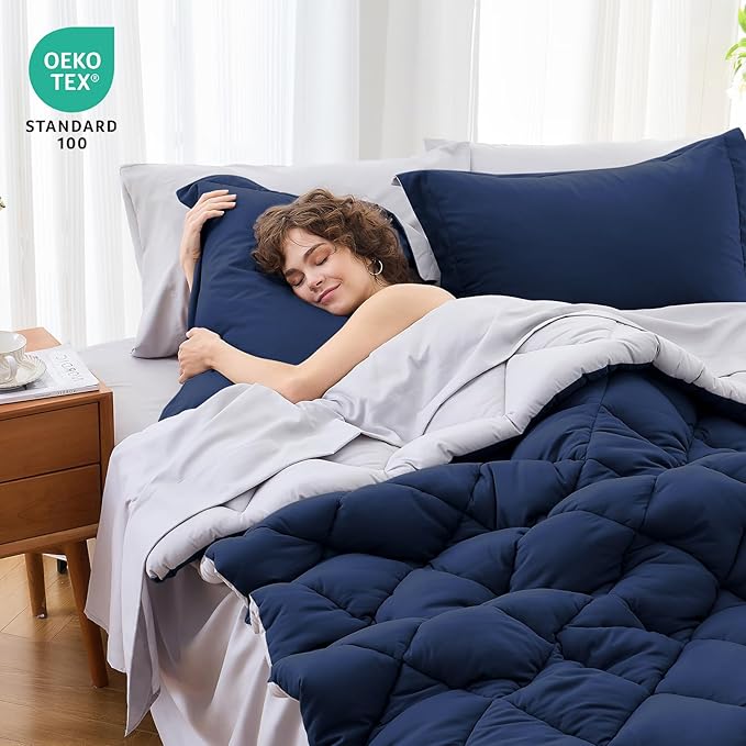 MUXHOMO 5 Pieces Twin Comforter Set, Reversible Bed in a Bag Twin Size, All Season Bedding Set with Comforter, Flat Sheet, Fitted Sheet, Pillowcases & Shams, Navy & Light Grey