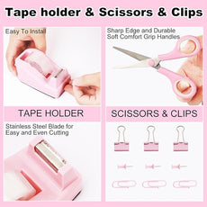 Desk Organizers and Accessories Set with 360-Degree Rotating Pen Holder, Tape Dispenser, Stapler, Staple Remover, 1000 Staples, Tape, Clips Set, Ruler, Scissor, Pen