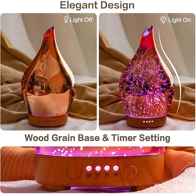 Porseme Essential Oil Diffuser 3D Firework Glass Aromatherapy Ultrasonic Humidifier Rose Gold,Auto Shut-Off,Timer Setting,BPA Free,Aroma Decoration for Home,Office,Gym,Spa,Premium Gift 100ML