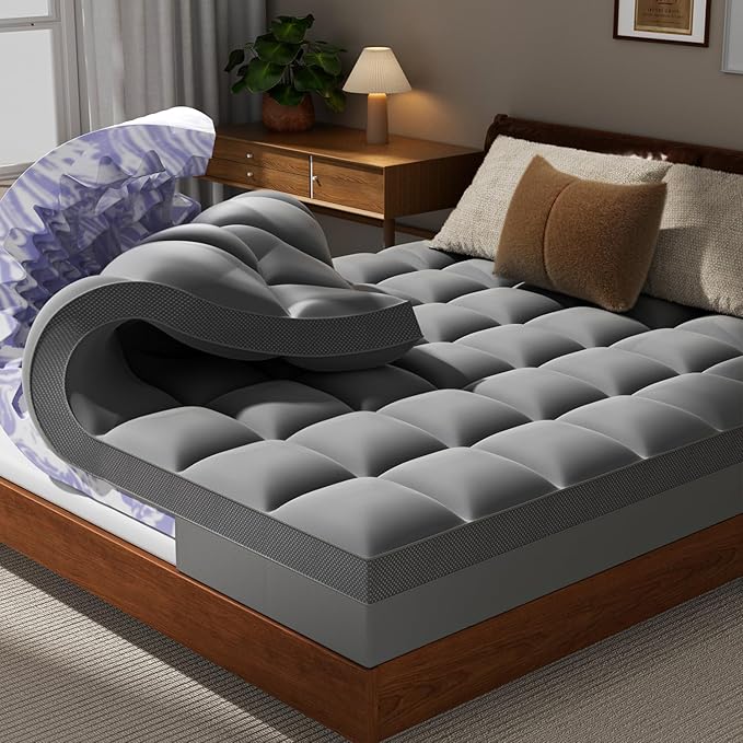 Dual Layer 5 Inch Memory Foam Mattress Topper Queen - 3 Inch Pillow Top Mattress Pad and 2 Inch Gel Memory Foam, 7-Zone Egg Crate Queen Size Mattress Topper (Gray)