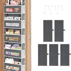 5-Tier Over The Door Storage Organizer with 10 Side Mesh Pockets, 48 lbs Load Capacity, 3 Hooks Design, Door Hanging Organizer with Clear Windows for Bathroom, Bedroom, Nursery, Kitchen-Grey