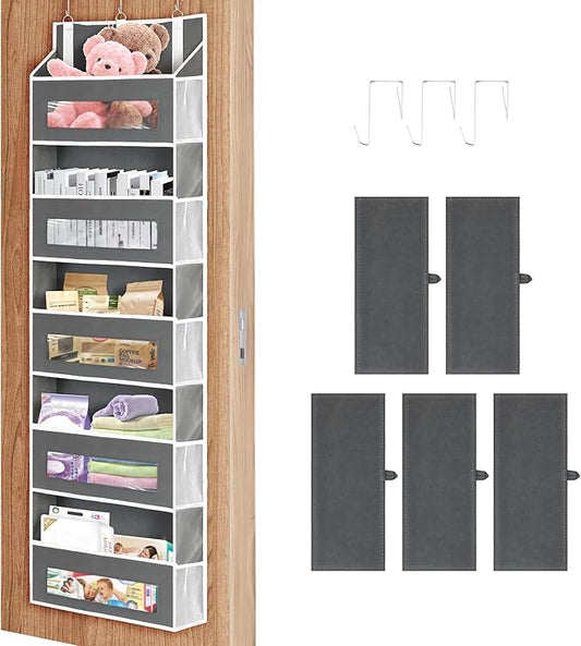 5-Tier Over The Door Storage Organizer with 10 Side Mesh Pockets, 48 lbs Load Capacity, 3 Hooks Design, Door Hanging Organizer with Clear Windows for Bathroom, Bedroom, Nursery, Kitchen-Grey