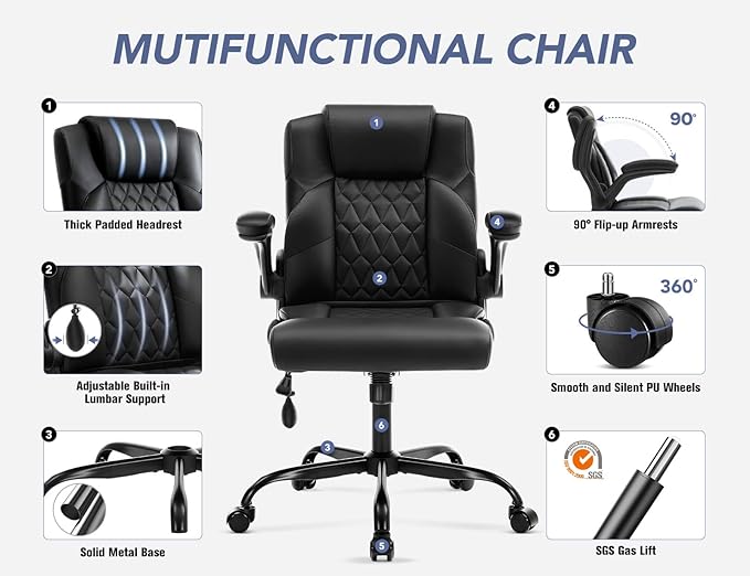Office Chair with Adjustable Inflatable Lumbar Support,Leather Ergonomic Computer Desk Chair with Flip-up Arms,Adjustable Tilt Lock,Swivel Rolling Executive PC Chair for Work,Study,Meeting.Black