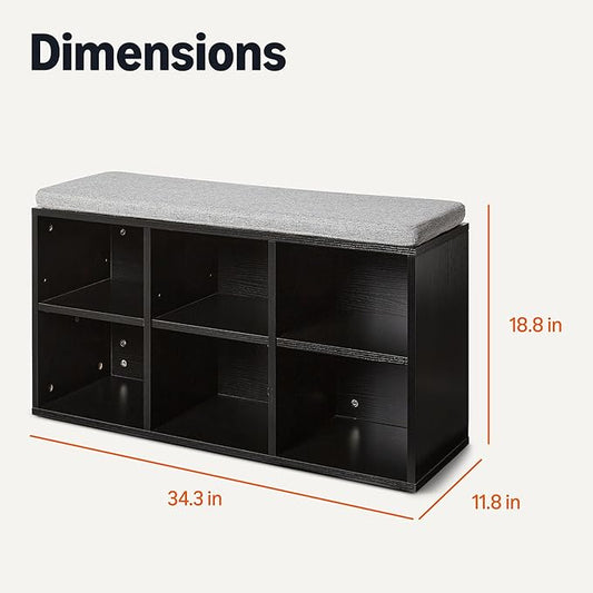 Amazon Basics Shoe Storage Bench with Cushion, Shoe Rack 6 Cubbies, Adjustable Shelves, Black