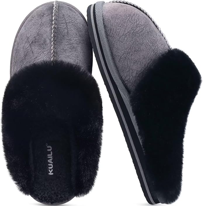 KuaiLu Womens Fluff Dual Memory Foam Slippers Ladies Cozy Arch Support Warm Scuff Slippers Slip on Comfy Winter House Shoes with Non-Slip Indoor Outdoor Hard Sole