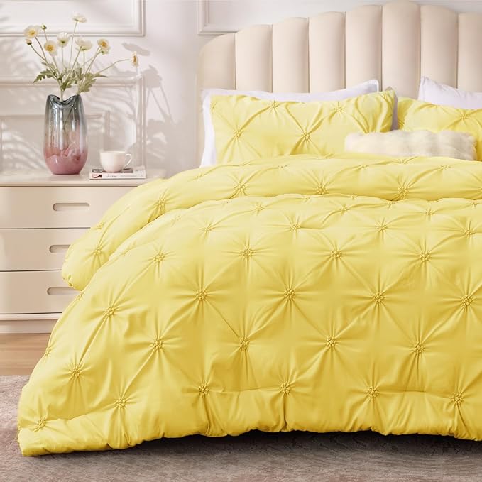 BEDELITE Light Yellow King Size Comforter Set - 3 Pieces Boho Pintuck Bedding Comforter Sets, Lightweight Soft & Warm King Bedding Set with 2 Pillowcases for All Season