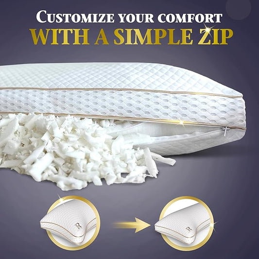 Royal Therapy Adjustable Shredded Memory Foam Pillows – 2-Pack Queen Size Set with Cooling Firm Cover for Side Sleepers