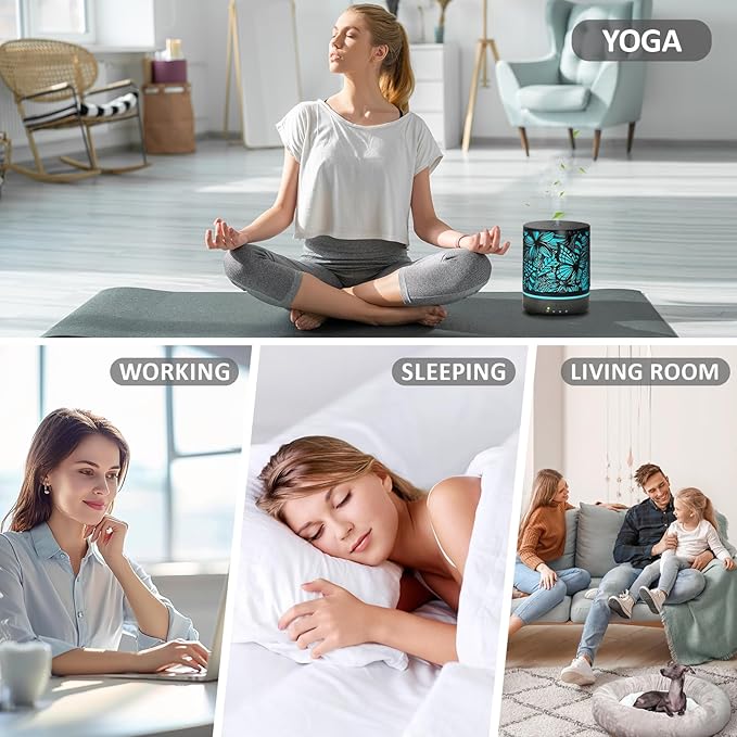 Essential Oil Diffusers 300ML Metal Aromatherapy Oil Diffusers for Large Room,Butterflies & Flower Ultrasonic Cool Mist Diffuser with Waterless Auto Shut-Off Protection, for Home Office SPA Yoga