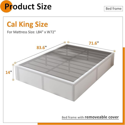 Cal King Bed Frame with White Fabric Cover, 14 Inch Heavy Duty Metal Platform Support Up to 3000 lbs with Steel Slats, No Box Spring Needed, Easy Assembly, Noise Free, Black