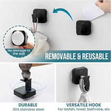 TAILI Thickened 304 Stainless Steel Bathroom Suction Hook for Towel, Loofah, Bathrobe, Patented Strong Suction Cup Holder, Damage-Free Hanging Glass Shower Wall Hook, Hold Up to 11 Lbs, 2 Pack, Black