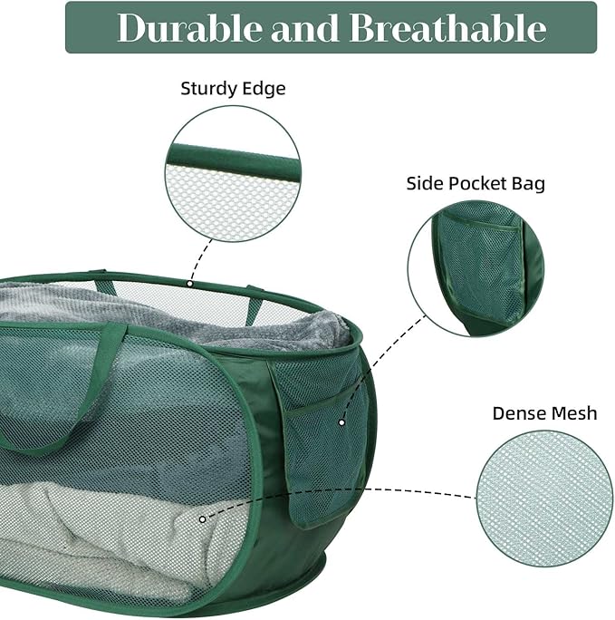 Sturdy Mesh Pop Up Laundry Hamper, Collapsible Laundry Baskets with Side Pocket, Foldable Clothes Hamper with Reinforced Carry Handles for Laundry, Bathroom, Kids Room, Dorm or Travel 2 Pack Emerald