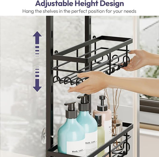 SWTYMIKI Over The Door Shower Caddy - 3 Tier Rustproof Hanging Shower Organizer with Adjustable Shelves, 28 Hooks & Soap Holder, Hanging Shower Rack Storage for Bathroom Accessories, Black