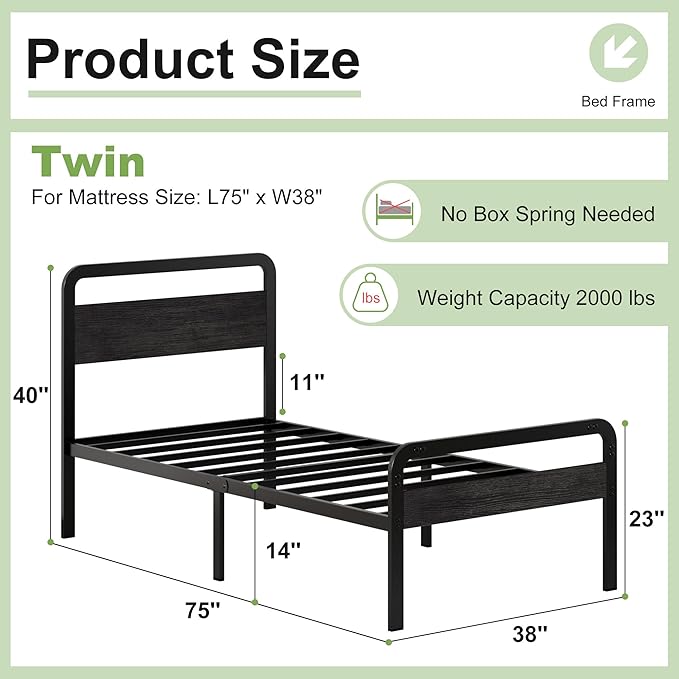 14 Inch Twin Size Bed Frames with Wooden Headboard and Footboard, Rustic Black Wood Bed Frame Twin No Box Spring Needed, Heavy Duty Mattress Foundation, Easy Assembly