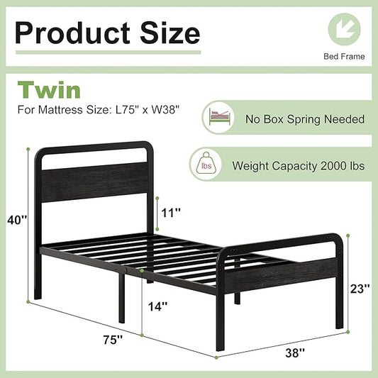 14 Inch Twin Size Bed Frames with Wooden Headboard and Footboard, Rustic Black Wood Bed Frame Twin No Box Spring Needed, Heavy Duty Mattress Foundation, Easy Assembly