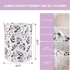 Large Foldable Laundry Basket Organizer Holder portable tall collapsible laundry hamper nusery Storage Basket Bin with Handles Canvas & Waterproof lining for Household Items (Floral Purple)