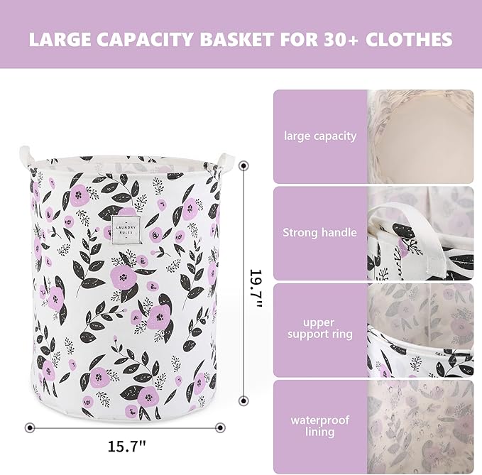 Large Foldable Laundry Basket Organizer Holder portable tall collapsible laundry hamper nusery Storage Basket Bin with Handles Canvas & Waterproof lining for Household Items (Floral Purple)