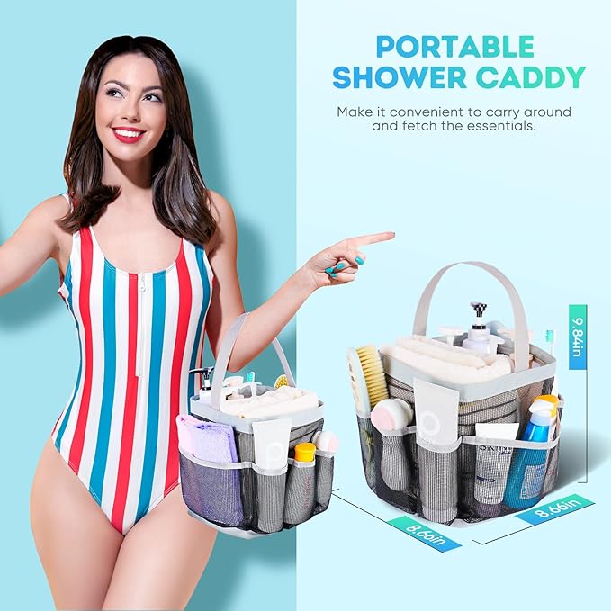 EUDELE Mesh Shower Caddy Portable for College Dorm Room Essentials with 8-Pocket Large Capacity for Beach,Swimming,Gym-Grey