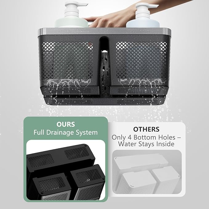 Black Shower Caddy Portable: Plastic Bathroom Caddy Organizer with Handle and Holes, Cleaning Caddy, Hard Shower Basket Storage Tote for Toiletry, College Dorm Room Essentials for Men