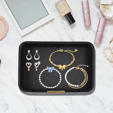 Luxury Leather Valet Tray Desktop Storage Organizer,Bedside Vanity Catchall Tray Nightstand Caddy Holder for Cosmetic,Jewelry,Watch,Keys,Phone,Wallet,Remote Controller,Pen,Black