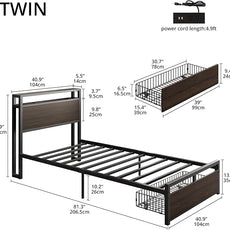 LIKIMIO Twin Bed Frames with Drawer, Storage Headboard with Outlets, No Box Spring Needed, Easy Assembly, Dark Brown