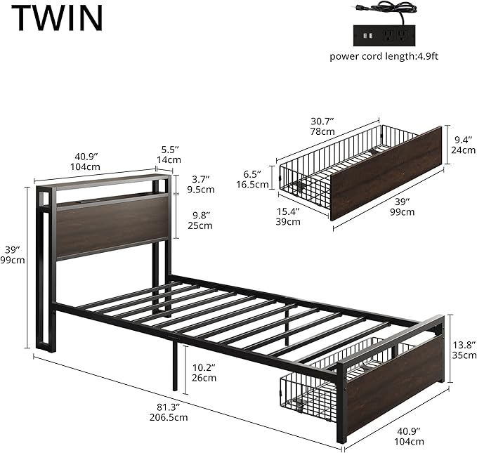 LIKIMIO Twin Bed Frames with Drawer, Storage Headboard with Outlets, No Box Spring Needed, Easy Assembly, Dark Brown