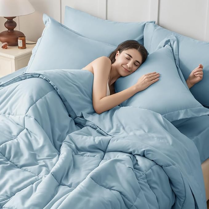 JOLLYVOGUE Full Comforter Set, Ultra-Soft Bed in a Bag Full Size 7 Pieces, Oeko-TEX Certified Bedding Set with Down Alternative Comforter, Sheets, Pillowcases & Shams, Lake Blue