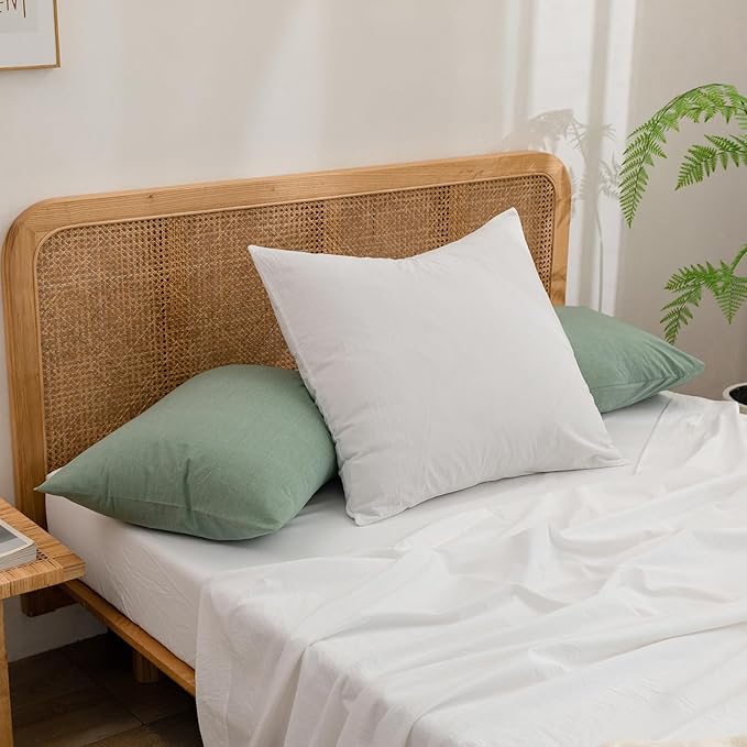 BESTOUCH 100% Washed Cotton Pillowcase for Hair and Skin Linen Feel Soft Comfortable Breathable 2 Set Pillow Case with Envelope Closure Solid Green King 20x36 Inches