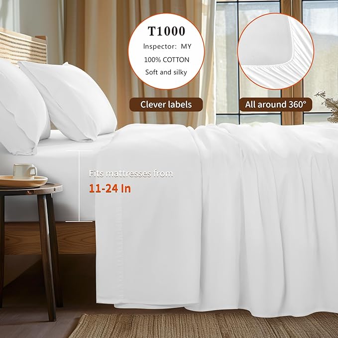LBRO2M 100% Cotton Sheets Set Deep Pocket 24", 1000 Thread Count California King Size 4 Piece Bed Sheet Sets Soft Comfortable Bedding All Season (California King, White)