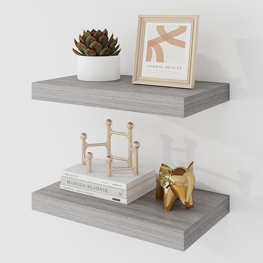 16 Inch Floating Shelves, 9.3" Deep Floating Shelf Wall Mounted, 16" Wall Shelves, Rustic Deep Bookshelf, Large Display Shelves & Storage Shelves for Bedroom, Living Room, Grey, Set of 2