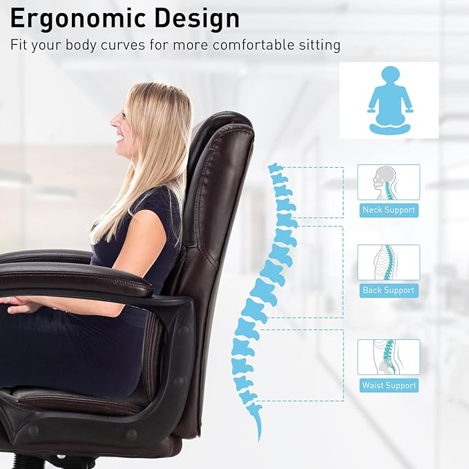 POWERSTONE Leather Executive Chair with 4in Thickened Cushion, Ergonomic Mid Back Office Desk Chair with Soft Padded Armrests for Home, Study and Office(Brown)